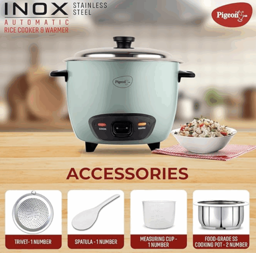 Pigeon Inox Rice Cooker with Double pot, 1.8 litres | Stainless Steel Lid | 700 Watts | 2 Steel Cooking Pot | Measuring Cup | Spatula | Energy Efficient Cooking - Image 3